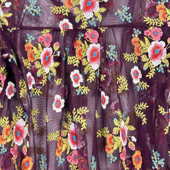Anthropologie Feather Bone Girardla Top XS Burgundy Embroidered Sheer Mesh Boho - Picture 7 of 9